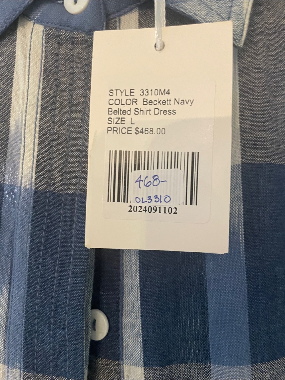 Oliphant Blue Plaid Shirt-Waist Midi Dress with Tie Belt Large - Picture 7 of 9